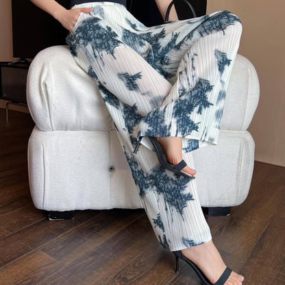 Versatile casual pants women's straight printed long pants high waisted slimming and draped wide leg pants