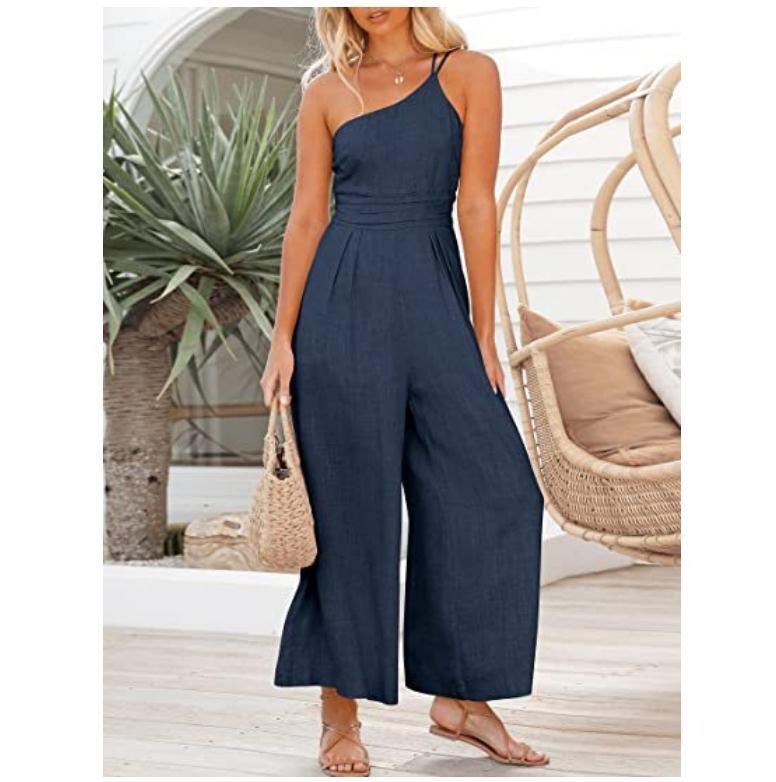 Women's sexy camisole waist wide leg sleeveless cotton linen jumpsuit