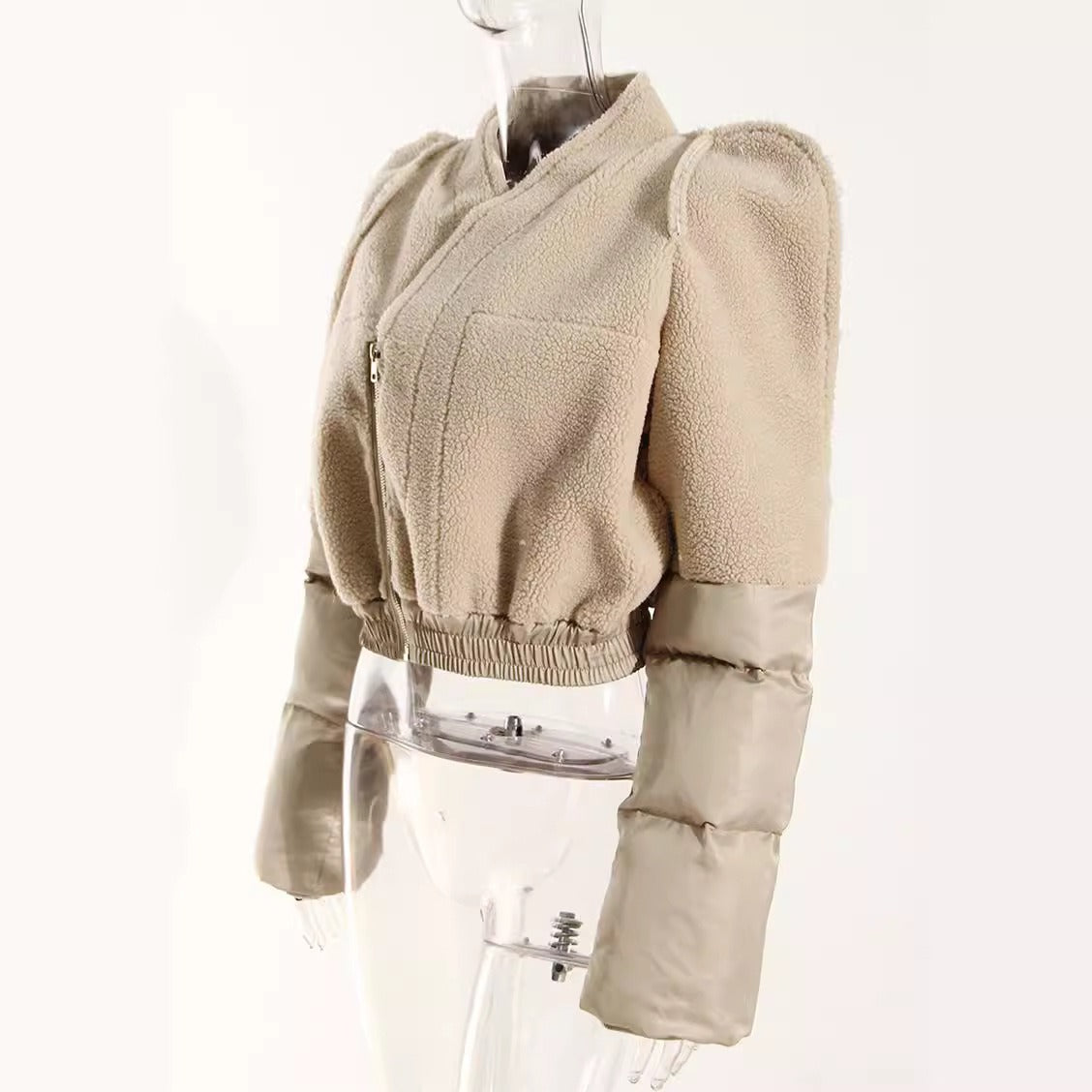 Cotton jacket with tower shoulder zipper plush splicing quilting exaggerated silhouette flying shoulder cotton jacket