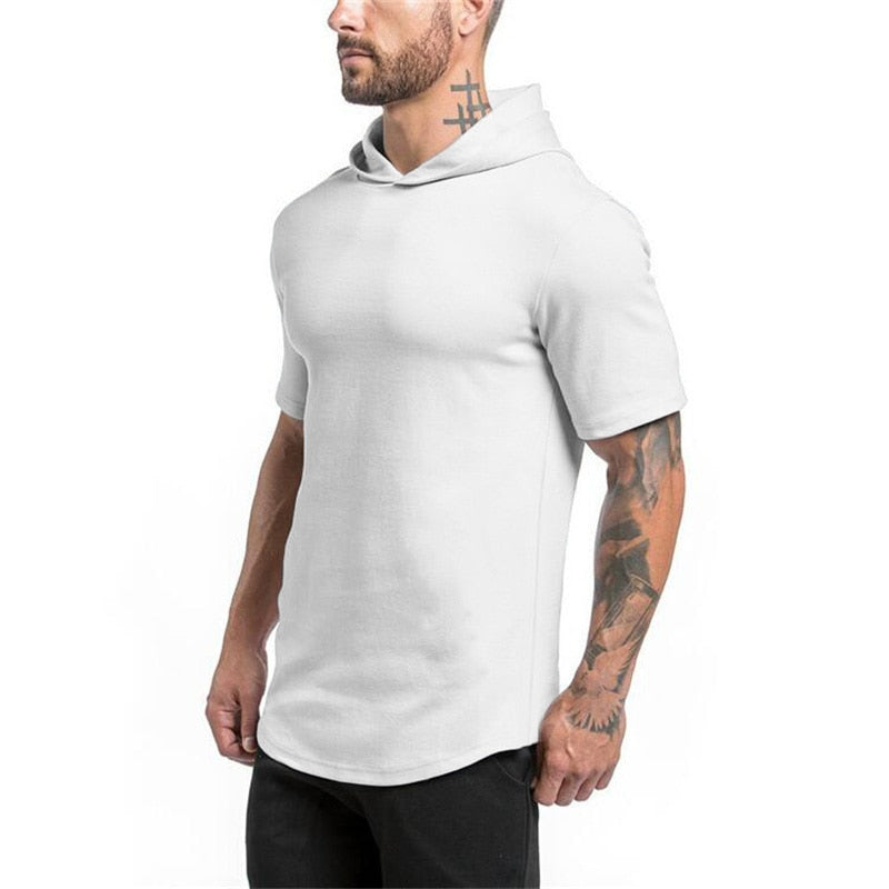 Mens Bodybuilding Hoodies Men Gyms Hooded Short Sleeve Fitness Clothing Muscle T Shirt Slim Solid Cotton Pullover Sweatshirt