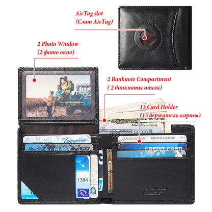 Suitable For AirTag Anti-Lost Device RFID Anti-Magnetic Wallet Large Capacity Multi Card First Layer Cowhide Men's Leather Wallet