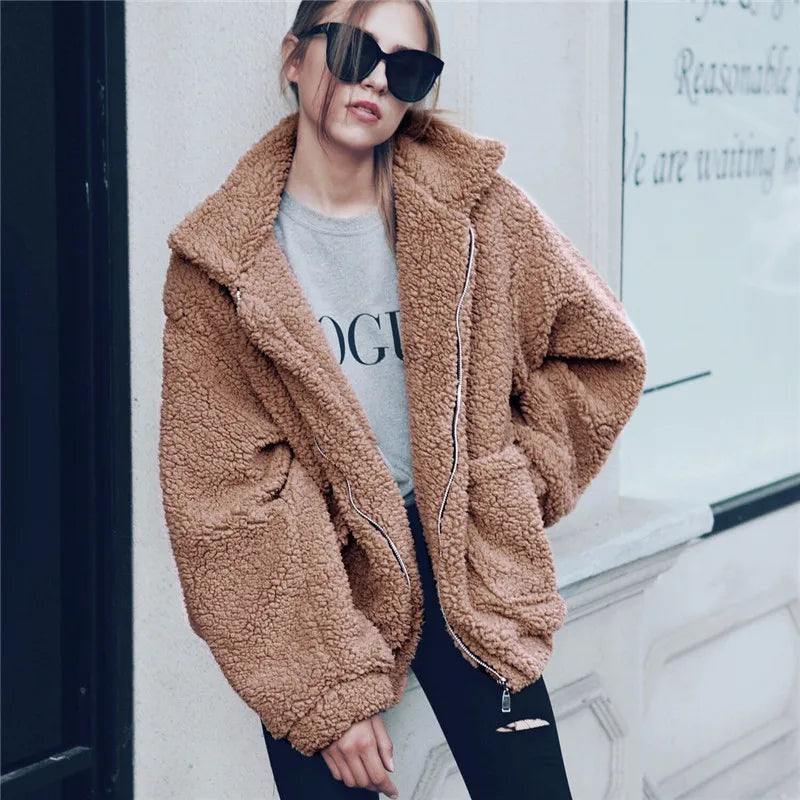 Elegant Bear Teddy Faux Fur Coat Women 2022 Autumn Winter Thick Warm Soft Fleece Jacket Female Pocket Zipper Coat Veste Femme