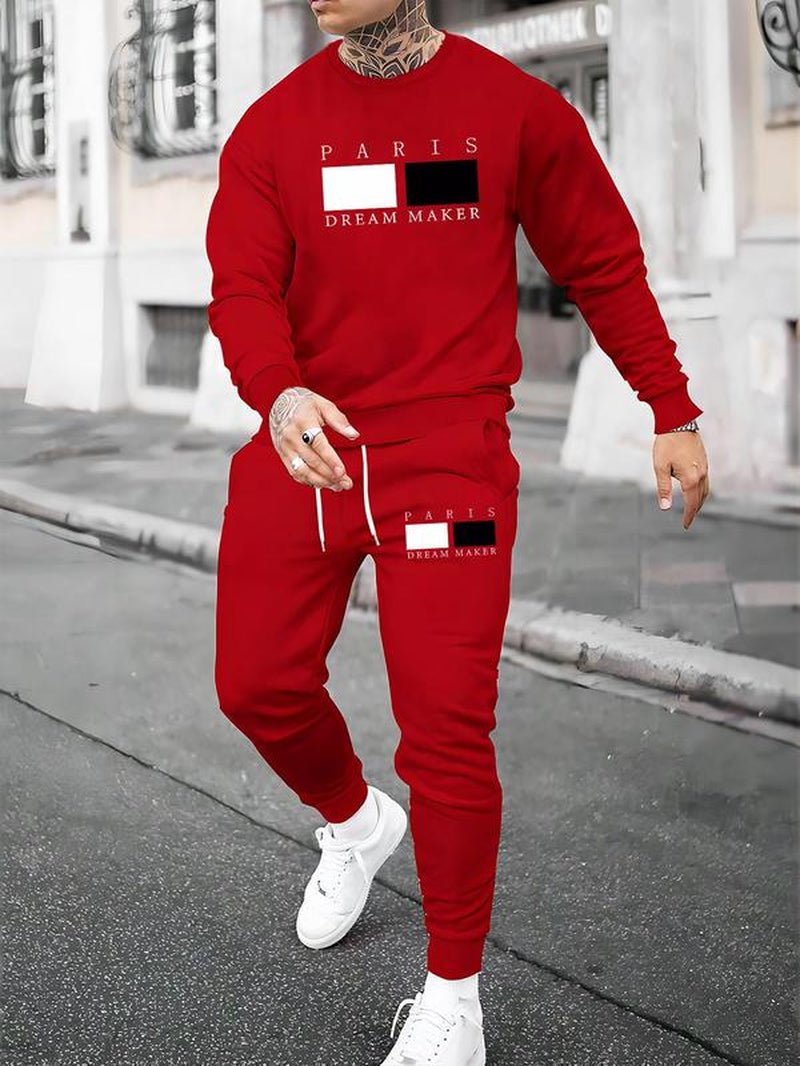 2 Piece Set Men'S Geometric & Letter Print Co-Ord Set, Fall Outfits, Casual Long Sleeve Sweatshirt & Drawstring Waist Sweatpants Set for Fall, Outfit Sets for Men, Menswear, Fashion Cozy Men'S Two-Piece Outfits Clothing for Daily Wear