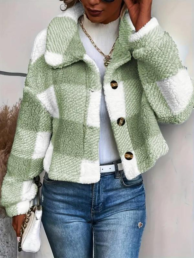 Women'S Plaid Pattern Button Front Plush Coat, Casual Drop Shoulder Long Sleeve Outerwear for Fall & Winter, Ladies Clothes for Daily Wear