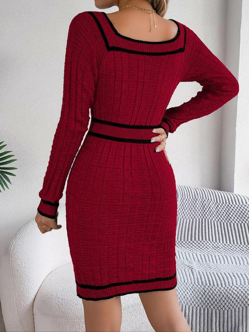 Women'S Contrast Binding Button Front Sweater Dress, Elegant Long Sleeve Square Neck Knit Dress for Fall & Winter, Women'S Clothing for Daily Wear